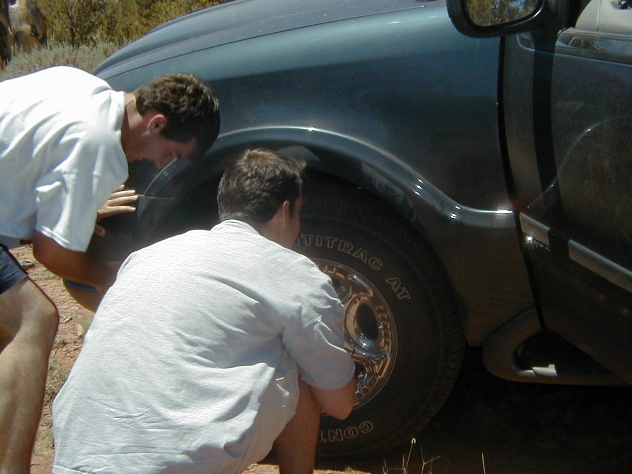 Hrm, off-roading in the rental car goes boink, literally.  Trying to reattach the front fender liner.
